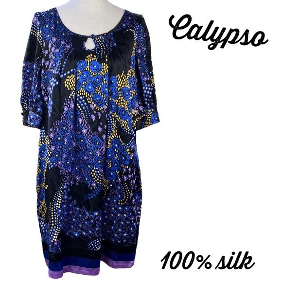 Calypso St. Barth Dresses & Skirts - Calypso 100% Silk A Line Floral Dress Keyhole Front size Small